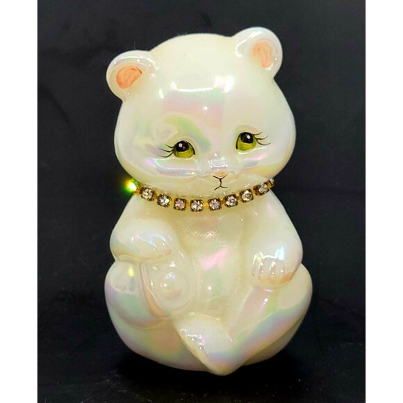 Adorable opalescent Fenton Bear w/Rhinestone Collar, Signed - Picture 1 of 6